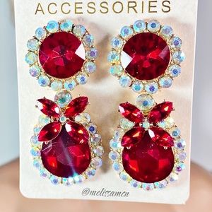 Dramatic Ultra Sparkly Red & AB Glass Crystal Formal Occasion Earrings